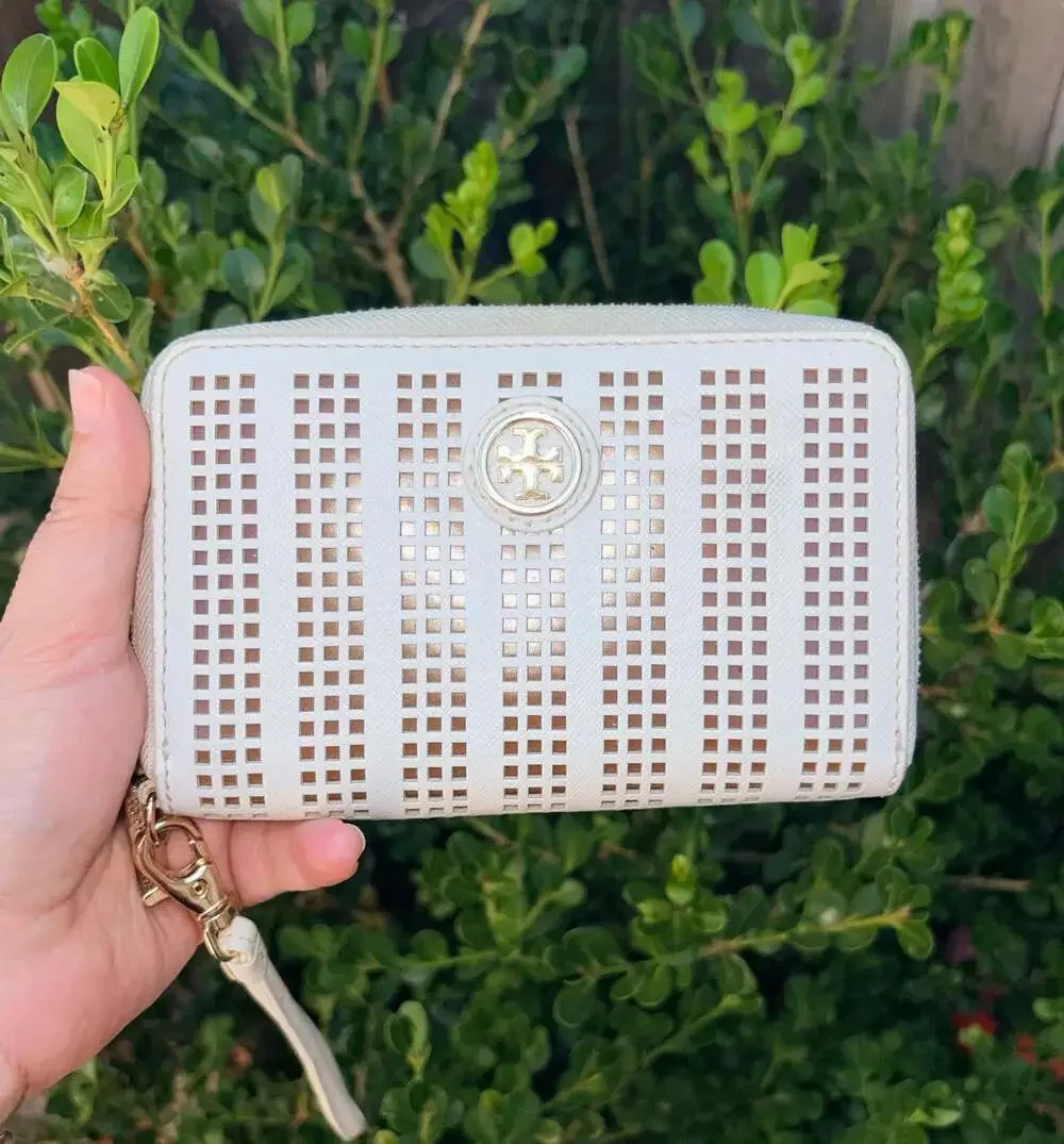 Tory Burch Robinson Laser-Cut Saffiano Leather Zip-Around Wallet Wristlet